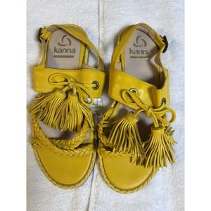 Kanna Made In Spain Yellow Leather Sandals Size 7 / 37 Tassels Strap Flat‎ Heel